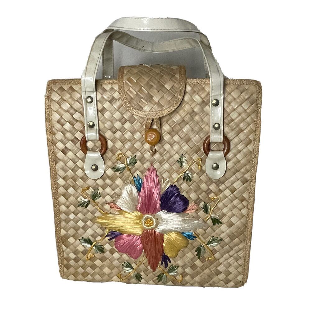 Vintage Handmade in Philippines Woven Straw Bag Pink Yellow Purple Flowers